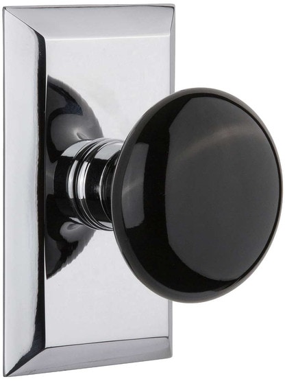 New York Rosette Door Set with Black Porcelain Knobs in Polished Chrome.